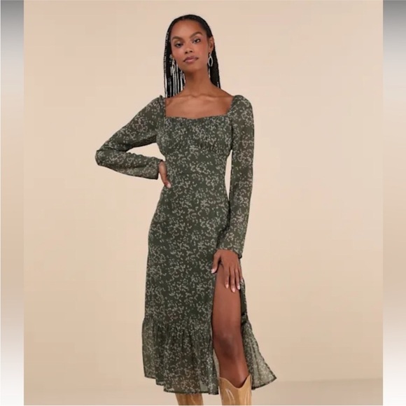 Lulus Perfectly Elevated Olive Green Floral Long Sleeve Midi Dress Size Large - Picture 3 of 5
